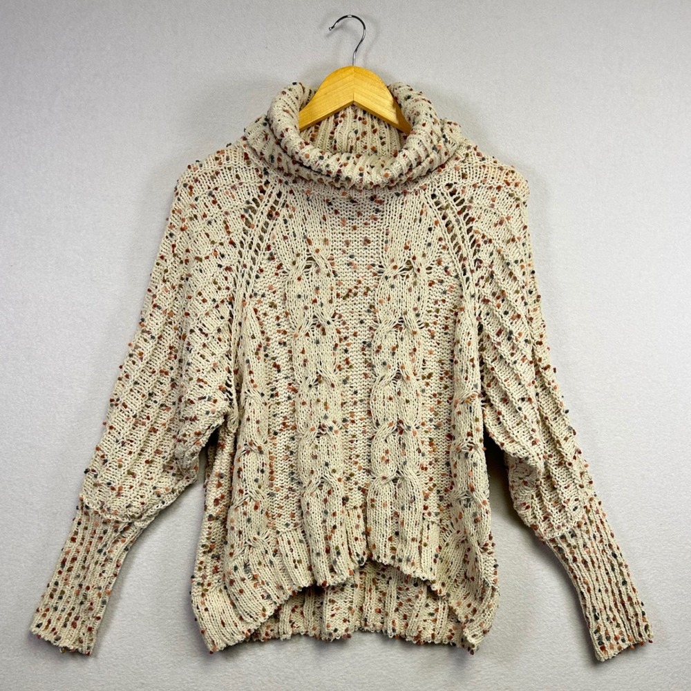 Moon & Madison Speckled Knit Turtleneck Sweater Chunky Cable Knit XS Cream Multi